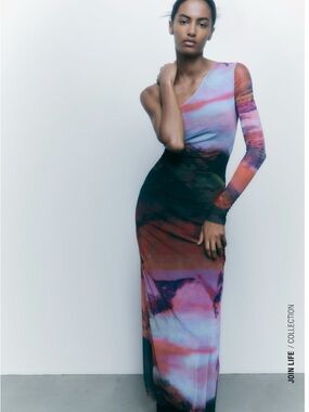 Zara One-Shoulder Tie-Dye Maxi Dress in Purple, Blue and Orange NWOT